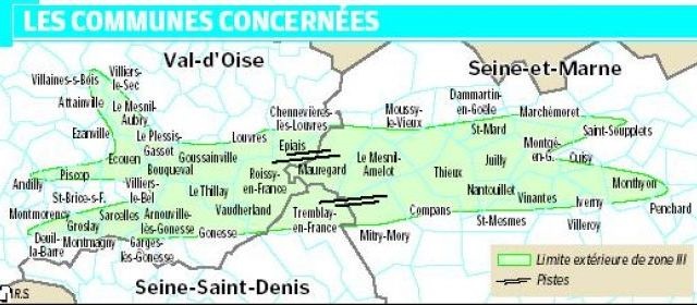 La zone d'aide contre les nuisances sonores sont est mise en place en fonction de la distance avec l'aéroport de Roissy.