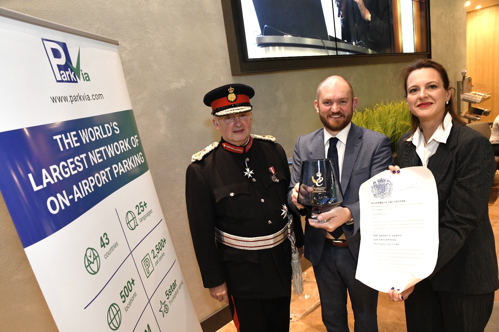 Mr Warren Smith JP, Her Majesty’s Lord-Lieutenant of Greater Manchester, Mark Pegler & Valentina Moise. 